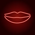 Lips female smile of neon red glowing lines on dark background. Vector illustration