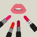 Lips with four lipsticks. Lipstick color choice.