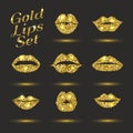 Lips gold set. Design glitter element. vector icon. Vector illustration of kiss print with shimmer