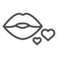 Lips and hearts line icon. Kissing lips and two hearts illustration isolated on white. Kiss with heart outline style Royalty Free Stock Photo