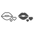 Lips and hearts line and solid icon. Kissing lips and two hearts illustration isolated on white. Kiss with heart outline Royalty Free Stock Photo