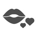 Lips and hearts solid icon. Kissing lips and two hearts illustration isolated on white. Kiss with heart glyph style Royalty Free Stock Photo