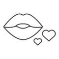 Lips and hearts thin line icon. Kissing lips and two hearts illustration isolated on white. Kiss with heart outline Royalty Free Stock Photo