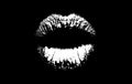 Lips icon. A beautiful imprint of lips on a black background. Woman concept. Makeup artist. Sensual lips black and white