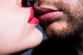 Lips kiss. Close-up of young romantic couple is kissing each other. Valentine day love beautiful.