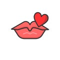 Lips in a kiss of love. And red heart, isolated on white. Vector illustration. Royalty Free Stock Photo