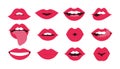 Lips kiss set. Sexy mouth smile. Female red cartoon smile. Lipstick glamour vector shape