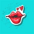 Lips kiss. Vector patch, sticker isolated on blue. Patched Cool red kissed. Cartoon comics Sign for print, Fashion Royalty Free Stock Photo