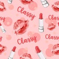 Lips, kisses and lipstick with classy text, seamless pattern. Repetitive pink background for Valentine`s day Royalty Free Stock Photo