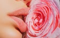 Lips with lipstick closeup. Sexy woman kissing red rose flower. Beautiful sensual woman lips with rose. Royalty Free Stock Photo