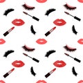 Lips, lipstick, lashes and mascara seamless vector pattern with glitter effect