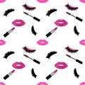 Lips, lipstick, lashes and mascara seamless vector pattern with glitter effect