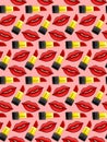 Lips and lipstick seamless pattern on pink background