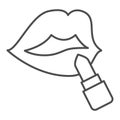 Lips with lipstick thin line icon, Parfumery concept, paint lips with lipstick sign on white background, Lips with