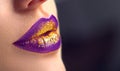Lips make-up. Beauty high fashion trendy violet gradient lips makeup sample, purple with golden color, sexy mouth closeup