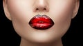 Lips makeup. Beauty high fashion gradient lips makeup sample, black with red color. mouth closeup