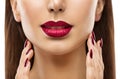 Lips Nail Closeup, Woman Beauty Makeup, Red Lipstick Face Skin Royalty Free Stock Photo