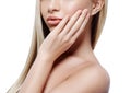 Lips neck smile Blonde woman beauty portrait close-up isolated on gray Royalty Free Stock Photo