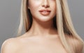 Lips neck smile Blonde woman beauty portrait close-up isolated on gray Royalty Free Stock Photo