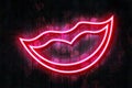 Lips neon sign on a Dark Wooden Wall 3D illustration with red heart background Royalty Free Stock Photo