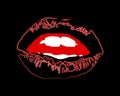 Lips night black with red watercolor stroke and white teeth on dark background vector. Hallo ween black lips.