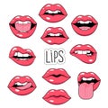 Lips patch set 80s-90s comic style. Vector stickers and patches on white isolated