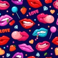 Lips pattern. Fashion pop art style lip, fashionable kiss background. Fun crazy love girly print, colored retro mouths
