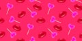 Lips pattern with heart shaped lollypop candy. Valentines daybackground