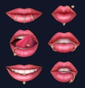 Lips piercing. Tongue metallic decoration lips geometric chrome jewelery decent vector realistic set