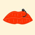 Lips piercing vector in cartoon style.