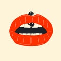 Lips piercing vector in cartoon style. Royalty Free Stock Photo