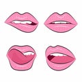 Lips. A set of pink lips expressing different emotions. Female lips in cartoon style, smile and sensual lips, kiss and tongue.