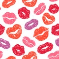 Lips print seamless pattern. Kiss prints with texture, color girls lips vector illustration