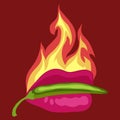 Lips with red hot chili pepper and fire , Vector illustration