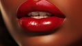 Lips with red lipstick and white teeth of a beautiful, elegant, sexy white woman with perfect skin, close-up.