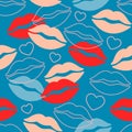 Lips hearts seamless pattern on blue. Modern youth illustration for Valentine`s Day