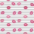 Lips seamless pattern.Red,pink lips,smiles on striped background Royalty Free Stock Photo