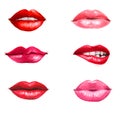 Lips set isolated on white background. design element.Red lips.Lips background. Lipstick advertisement. Smiley lips.