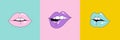 Lips Set in Pop Art 90's Style. Vector Illustration Women's Mouths in Different Emotions for Stickers, Logos