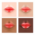 Lips on the skin. Human`s skin tone asian, caucasian, African,