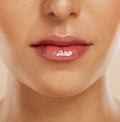 Lips, skincare and woman with lipstick for cosmetics, gloss and wellness for clear, smooth and glow skin. Natural beauty