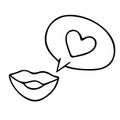 Lips with speech bubble, hand-drawn doodle romantic element. Love feelings, design Valentine\'s Day, drawing by ink, pen,