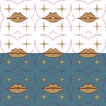 Lips, star shapes seamless pattern. Elegant festive surface design in gold, red. White or blue easy editable color