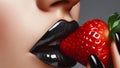 lips of a woman delighting in a strawberry held by her magical soft fingers.