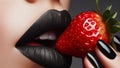 lips of a woman delighting in a strawberry held by her magical soft fingers.