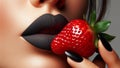 lips of a woman delighting in a strawberry held by her magical soft fingers.