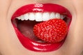 Lips. Woman With Red Lipstick And Strawberry Royalty Free Stock Photo