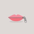 Lips zipped. Woman`s mouth with zipper closing lips shut. Concept of shut up, keeping quiet. Vector illustration, flat design Royalty Free Stock Photo