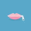 Lips zipped. Woman`s mouth with zipper closing lips shut. Concept of shut up, keeping quiet. Vector illustration, flat design Royalty Free Stock Photo