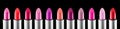 Lipstick colourful tints palette. Fashion Various colors Lipsticks isolated on black background, Professional Makeup Royalty Free Stock Photo